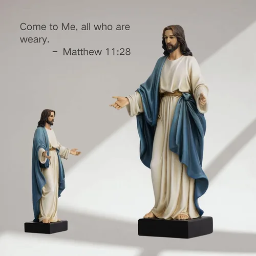 Miniatura 2 de Estatua de Jesús de 12 pulgadas con brazos abiertos, figura de Jesucristo pintada a mano en túnica azul, escultura religiosa de resina realista