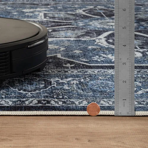 Miniatura 9 de Bloom Rugs Caria Alfombra Lavable Antideslizante de 7 pies - Azul/Carbón Alfombra Tradicional para Entrada, Pasillo, Baño y Cocina - Tamaño Exacto