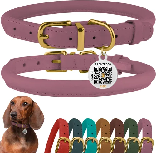 Miniatura 22 de Collar de cuero enrollado, redondo, suave y ajustable con placa de identificación por QR para perro pequeño, mediano y grande, cachorro y gato Rosa