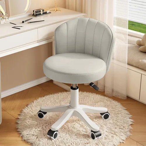 Silla pequeña redonda de escritorio con ruedas, cómoda silla de tocador para computadora con respaldo bajo, piel sintética, altura ajustable, Gris