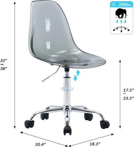 Miniatura 7 de HOMEFUN Silla de escritorio transparente, de acrílico, giratoria, sin brazos, altura ajustable, de plástico moldeado fantasma, sillas de oficina