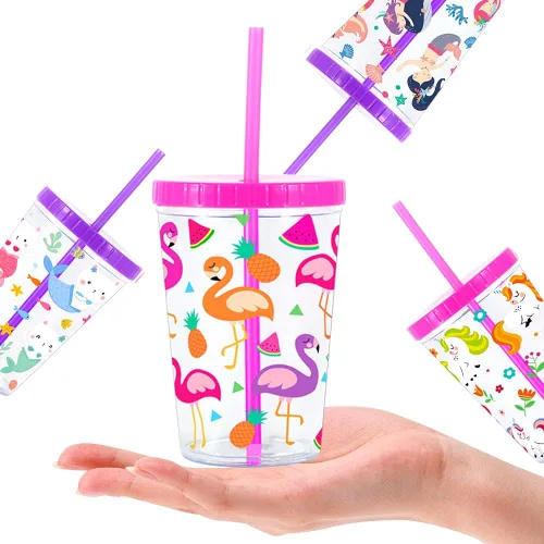 Miniatura 4 de Vaso de agua para niños de 16 onzas, paquete de 4 unidades, sin BPA, tapa con pajilla, reutilizable, ligero, a prueba de derrames, con bonito diseño
