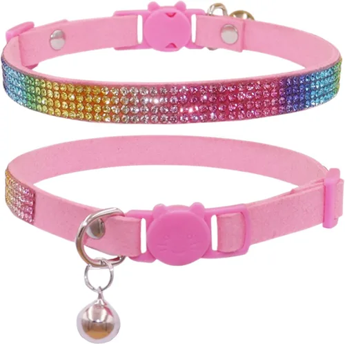 Miniatura 9 de THAIN Bling cat Collar de gatito Rainbow Rhinestone Breakaway Diamond con campana Terciopelo suave liberación rápida (negro)