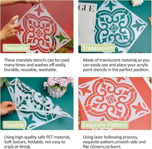 Miniatura 4 de Mandala - 6 plantillas de azulejos reutilizables de 12 x 12 pulgadas, plantillas de pared con patrón de azulejos, plantillas de dibujo de mandala