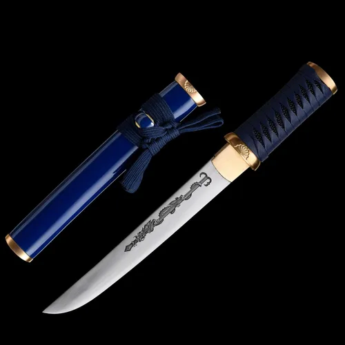 Miniatura 8 de Cuchillo de acero al manganeso 1065 hecho a mano con accesorios de cobre Azul
