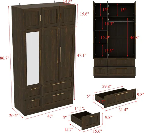 Miniatura 2 de Armario con espejo, Armario de 3 puertas con 4 cajones, estantes, barra para colgar, Armario moderno para dormitorio con asas doradas, gabinete