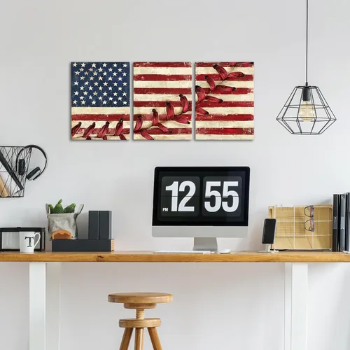 Miniatura 4 de Artsbay Arte de pared con bandera estadounidense roja, lienzo con costuras de béisbol, cuadros modernos, retro, deportes, obras de arte