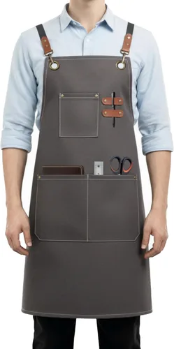 Miniatura 10 de Delantales de Lona de Trabajo para Hombres y Mujeres con 3 Bolsillos, Delantal de Alta Resistencia con Correa Cruzada para Cocina, Chef