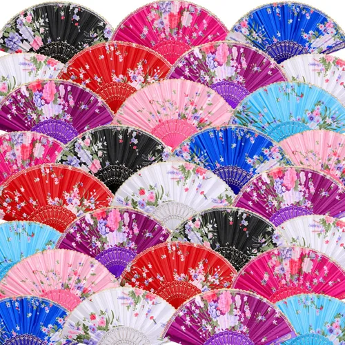 Miniatura 8 de Geetery 50 abanicos de mano plegables a granel para mujeres, abanicos plegables chinos decorativos de mano con diferentes patrones de flores