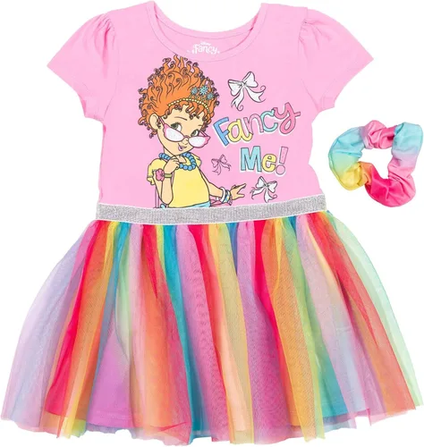 Disney Fancy Nancy - Vestido tutú de manga corta para niñas con scrunchy para niños pequeños a niños grandes