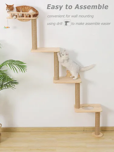 Miniatura 4 de Árbol para gatos montado en la pared con estantes de 4 niveles, torre de esquina de madera de 73 pulgadas con poste rascador interior para gatitos