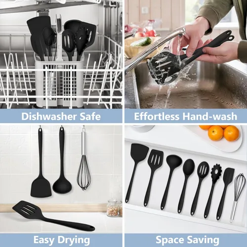 Miniatura 6 de TeamFar Juego de utensilios de cocina de silicona, 8 piezas, resistente al calor de 446 °F, espátula, cuchara, batidor, utensilios de cocina Negro
