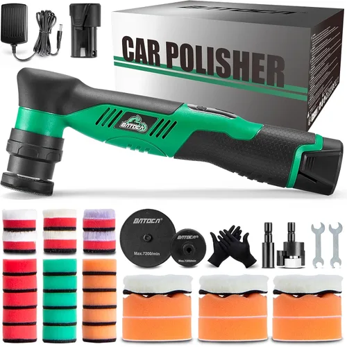 BATOCA S5 Pulidora Mini Inalámbrica para Coche Máquina Pulidora de Doble Acción y Rotativa Mini Máquina de Pulido 1x Batería 12V 2A con Kit de Blanco
