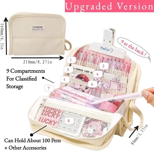 Miniatura 2 de Estuche para lápices y bolígrafos de gran capacidad con 9 compartimentos, multiranura, bolsa organizadora duradera, mango de fácil agarre, Gris