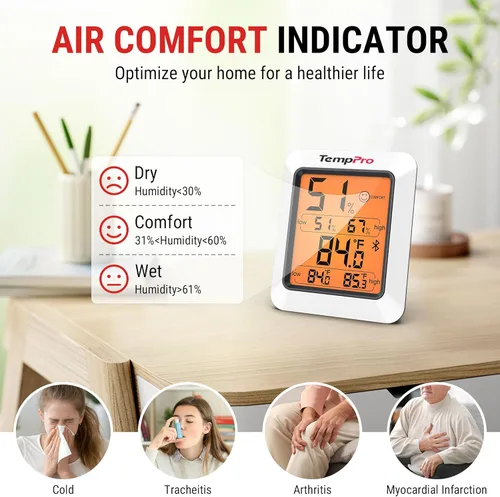 Miniatura 7 de TempPro Termómetro higrómetro para casa, termómetro de invernadero interior Bluetooth para habitación de hasta 260 pies, medidor de humedad