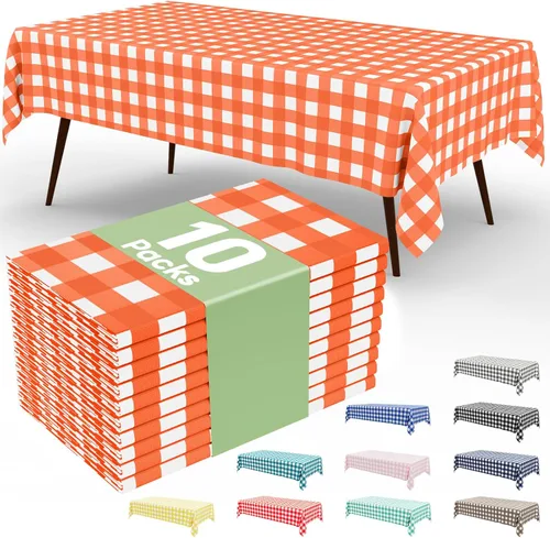 Miniatura 72 de Smiry Paquete de 3 Manteles Desechables de Cuadros Gingham Color Caqui - 54" x 72" Mantel de Plástico de Servicio Pesado, Cubiertas de Mesa