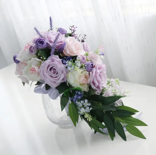 Miniatura 5 de MOJUN Ramos de boda para novia, rosa morada, taro, gota de agua, ramo de novia en cascada para novia, ramo de novia en cascada para ceremonia de F