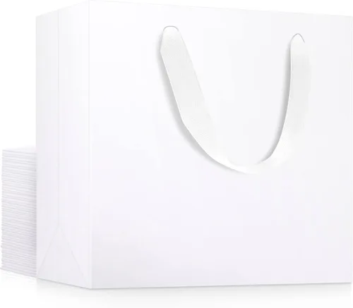 EUSOAR Bolsas para envolver regalo con asas, paquete de 25 bolsas de papel blanco de tamaño pequeño de 8.6 x 3.9 x 7 pulgadas, a granel, para bodas,