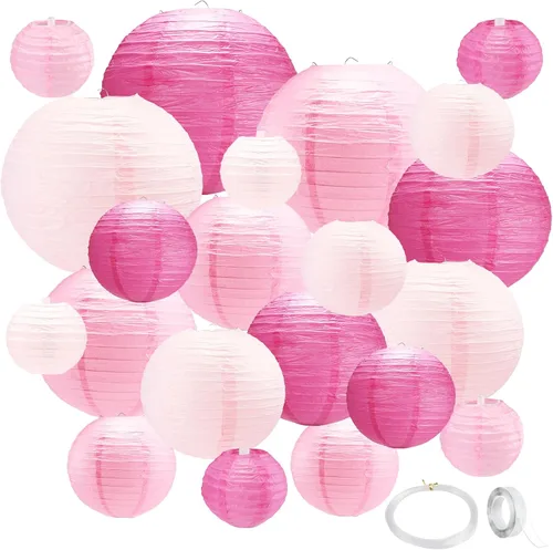 21 linternas de papel rosadas, 4, 6, 8, 10, 12 pulgadas, para colgar en interiores y exteriores, con cinta y cuerda para graduación, cumpleaños,