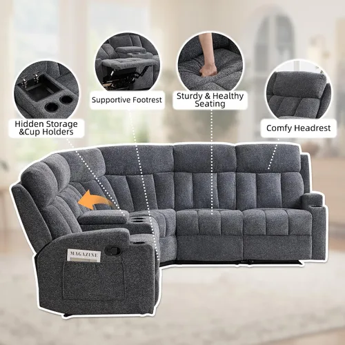 Miniatura 4 de CANMOV Juego de sofá modular reclinable manual, juegos de muebles de tela en forma de L, sofá esquinero modular reclinable y silla reclinable