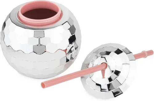 Miniatura 6 de Blush Taza de bola de discoteca plateada con pajitas para fiestas, 16 onzas, lindo vaso de bebida de bola de cóctel con purpurina brillante