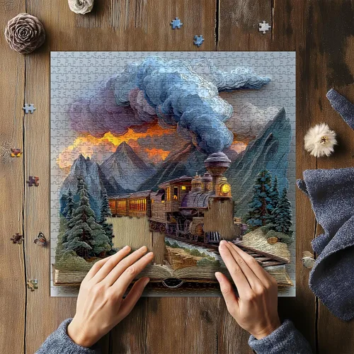 Miniatura 5 de Rompecabezas de 1000 piezas con libro de tren para adultos, de fantasía, naturaleza, paisaje, arte estético, arte estético, páginas mágicas