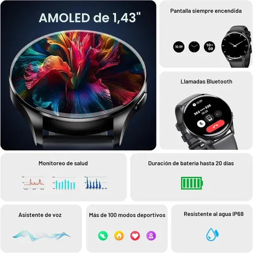 Miniatura 2 de IOWODO Reloj inteligente para mujeres y hombres, pantalla AMOLED ultra clara de 1.43", rastreador de actividad física con monitor de frecuencia