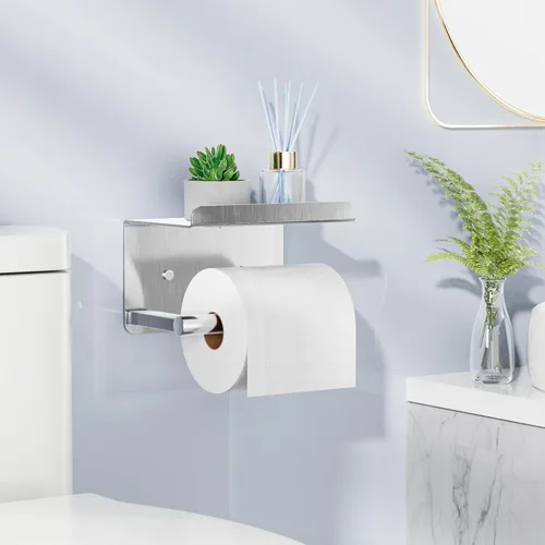 Miniatura 2 de Soporte autoadhesivo para rollo de papel higiénico - Soporte de pared o adhesivo para papel higiénico con estante,Soporte para rollo de papel Plata