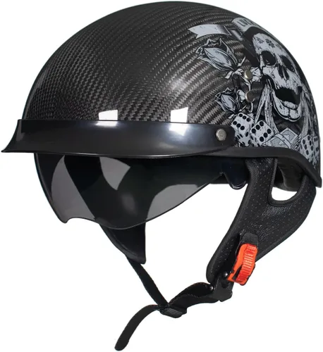 Miniatura 2 de DA-500 Casco de fibra de carbono para motocicleta, casco abierto de media carcasa aprobado por DOT con visera desplegable, casco ligero retro Rose