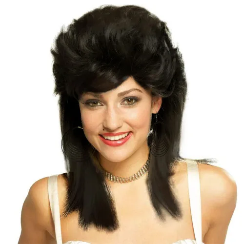 Swiking Pelucas negras de salmonete para mujer, rizado hasta el hombro, pelo esponjoso de los años 70 y 80, Rocker Party Cosplay Pelucas sintéticas