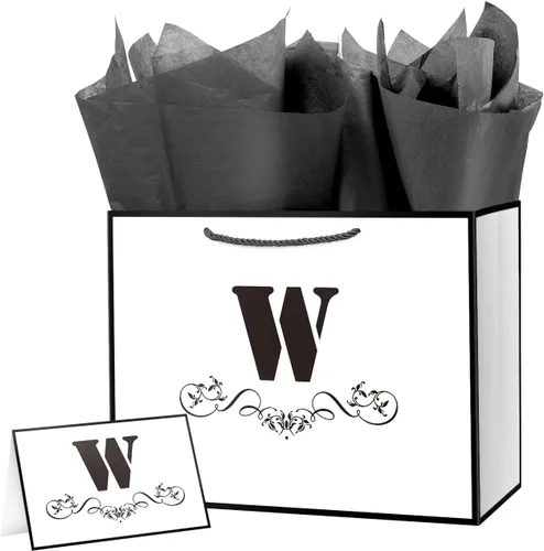 Miniatura 24 de ysmile Bolsa de regalo de letras con papel de seda para hombres, bolsa grande de 12 pulgadas, color blanco y negro, para cumpleaños, aniversario
