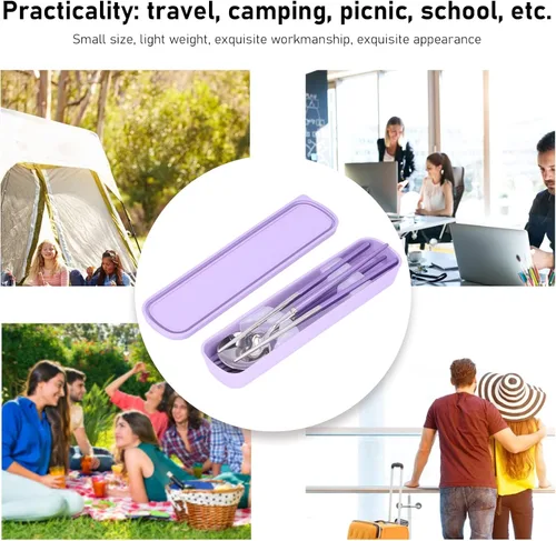 Miniatura 7 de Juego de cubiertos de viaje, 5 piezas de utensilios portátiles con funda de bolsa, juego de cubiertos reutilizables de acero inoxidable, cuchara