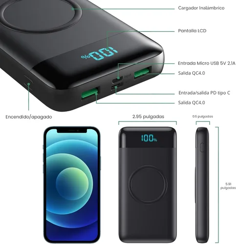 Miniatura 3 de Cargador portátil inalámbrico 30,800 mAh, 15 W de carga inalámbrica USB C, banco de energía con carga rápida de 25 W PD QC 4.0, 4 salidas, paquete