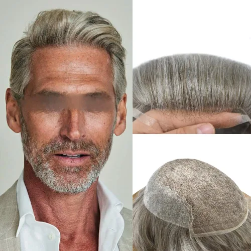 Miniatura 55 de Toupee para hombres, sistema de reemplazo de cabello humano Remy, nudos blanqueados, encaje frontal, piel fina, para hombre, color gris, pelucas