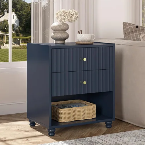 Miniatura 11 de Moderna mesita de noche, mesa auxiliar acanalada con 2 cajones, mesita de noche con estante abierto para dormitorio (1, negro)