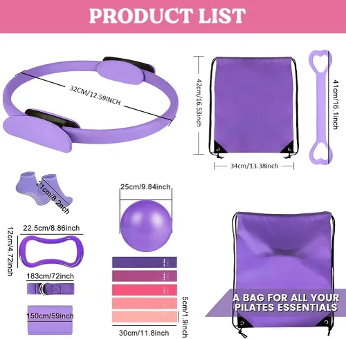 Miniatura 6 de Juego de anillos de pilates de 13 piezas, kit de pilates para mujer, accesorios de equipo de ejercicio, deformación, círculo mágico con asas Púrpura