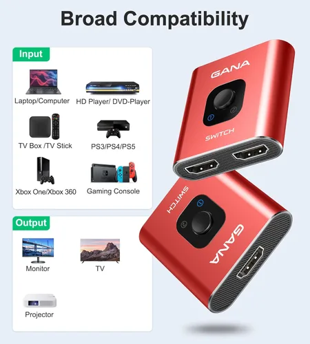 Miniatura 7 de GANA - Conmutador HDMI de aluminio bidireccional, con capacidad de 4k a 60 hercios y salida divisora de 2 en 1, hub HDMI HD manual apto para Xbox