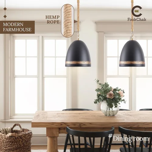 Miniatura 3 de Lámpara colgante de granja negra de 10 pulgadas, cuerda de cáñamo bohemio, iluminación de isla de cocina, lámpara colgante de techo de campo francés