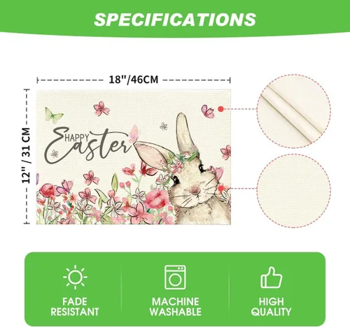 Miniatura 6 de Artoid Mode Juego de 4 manteles individuales de Pascua con diseño de conejo, diseño floral, 12 x 18 pulgadas, para decoración de fiestas, cocina