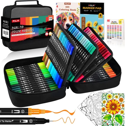 Rotuladores de Doble Punta, Juego de Marcadores de Arte de 128 Colores con Punta Fina y de Pincel para Libros de Colorear de Niños y Adultos, Bullet