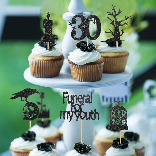 Miniatura 4 de Roowest 48 adornos para cupcakes de los años 20 con purpurina de Death to My Twenties Rip to My 20, decoraciones de fiesta de cumpleaños de 30 años