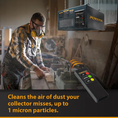 Miniatura 2 de POWERTEC Sistema de filtración de aire controlado a distancia de 3 velocidades para carpintería (300/350/400 CFM), filtro de aire colgante