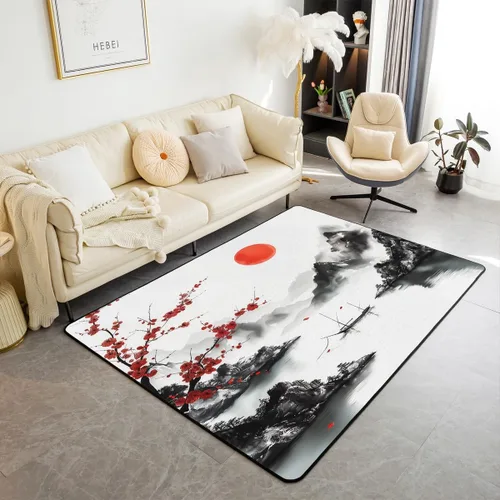 Miniatura 13 de Feelyou Alfombra retro de 5 x 7 pies con temática asiática para niños, adolescentes y adultos, estilo de pintura china con acuarela, alfombra Cian