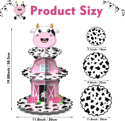 Miniatura 3 de Holy Cow I'm One Birthday Decor – Soporte de cartón con estampado de vaca de 3 niveles para fiesta de primer cumpleaños, soporte para cupcakes