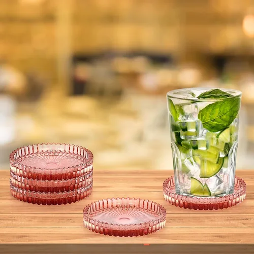 Miniatura 4 de JUXYES Juego de 5 posavasos de cristal tono ámbar redondos, tapetes para tazas de vidrio para bebidas, café, té, vino, posavasos decorativos