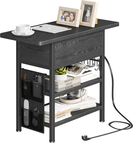 Miniatura 7 de Mesa auxiliar con estación de carga, mesita de noche abatible con puertos USB y tomas, mesa auxiliar de sofá con bolsa de tela y ganchos, mesita