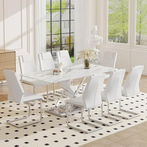 Miniatura 28 de Juego de mesa de comedor de mármol para mesa rectangular blanca de 4.63 pulgadas con marco de metal plateado en forma de X y 4 sillas de comedor