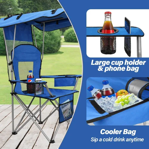 Miniatura 6 de BESTHLS Silla de camping con toldo sillas de playa plegables portátiles con enfriador, respaldo de malla, portavasos y bolsillo para campamento, Azul
