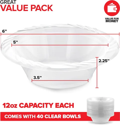 Miniatura 2 de Stock Your Home Paquete de 40 tazones de plástico transparente de 12 onzas para fiestas, cuencos pequeños desechables para cenas o cócteles, sopa