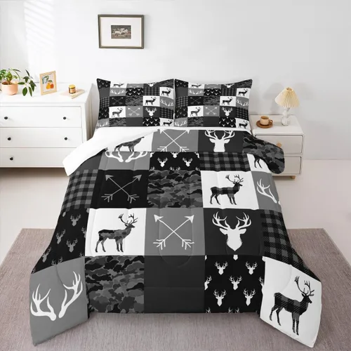 Miniatura 153 de Juego de edredón de cuernos de ciervo tamaño individual, juego de ropa de cama rústica de granja con huellas de oso y pinos para decoración